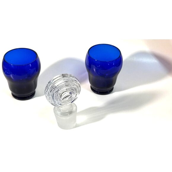 Cobalt Blue Hand-Blown Glass Pitcher & 6 Matching Cups With Swirled Clear Stoppe - Picture 10 of 16